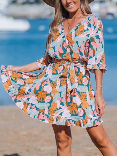 Image of CUPSHE Beach Dress for Women Casual Summer V Neck Tropical Half Sleeves Belted Ruffled Vacation Mini Dress