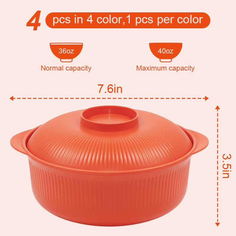 Image of Orange 40oz Cereal Bowls with lid set of 4,Microwave Safe,Family&Camping | Unbreakable,Lightweight,BPA-free Plastic bowls stackable and clean easily in the dishwasher,ideal for soup, kids and travel