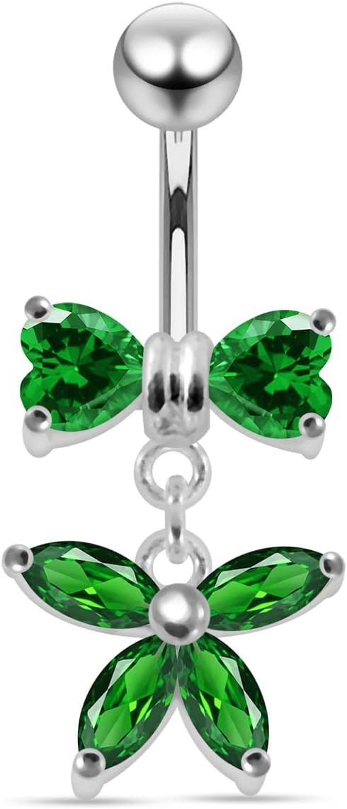 Stylish Ribbon with Flower Dangling Design 925 Sterling Silver with Stainless Steel Belly Ring - Belly Button jewelry - Navel jewelry