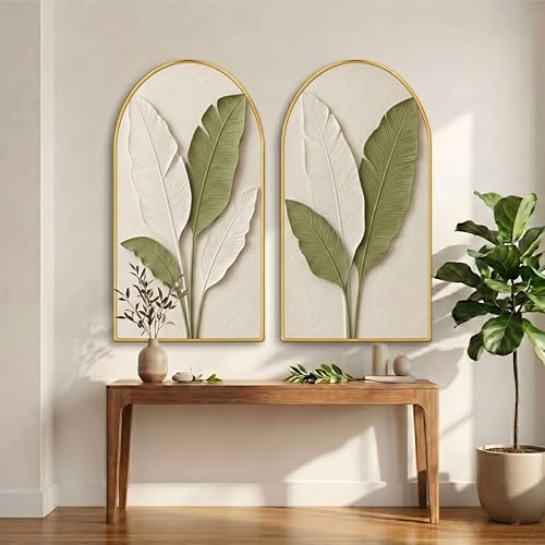 Image of Livin'luxe Set of 2 Botanical Leaf Wall Painting for Living Room, Green White Modern Artwork, PVC Golden Frame, Arch Shape Wall Decor for Bedroom, Hall, Office & Gift (30 x 32 Inch) RPNL-02-118
