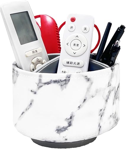 Soporte redondo de cuero sintético para control remoto de TV, organizador de escritorio giratorio de 360, 4 compartimentos para