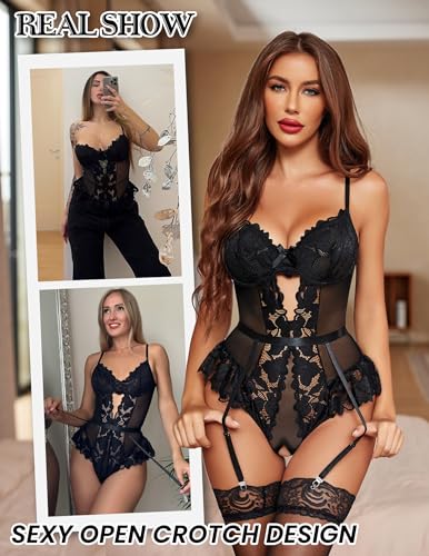 Image of Avidlove Lingerie for Women Mesh Lace Bodysuit Sexy Wireless Garter Lingerie Set Teddy Lingerie(No Stockings)