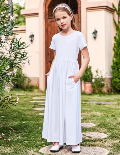 Image of Arshiner Girls Maxi Dress Long /Short Sleeve Casual Holiday Dress with Pockets for 5-13 Years
