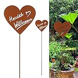 Cepewa Gartenstecker Herzlich Willkommen Herz zum Stecken Metall Rost Terasse Balkon 75cm