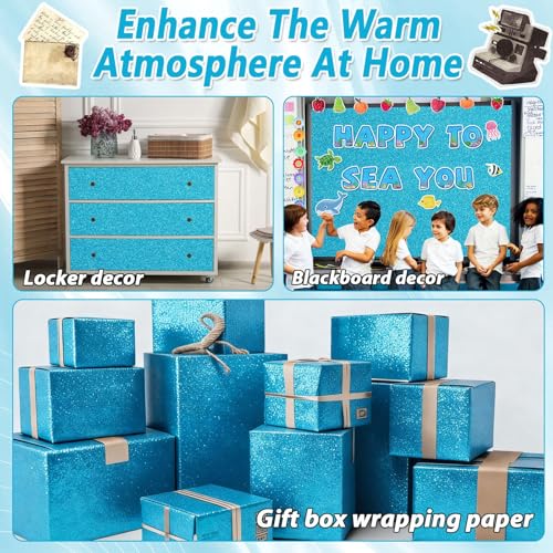 Glitter Blue Paper Roll for Bulletin Board DIY Crafts Paper Glitter Wallpaper Light Blue Wrapping Papers 17x240 Inch Sparkle Poster Board Background Wallpaper for Home Office Classroom Decor - Image 6