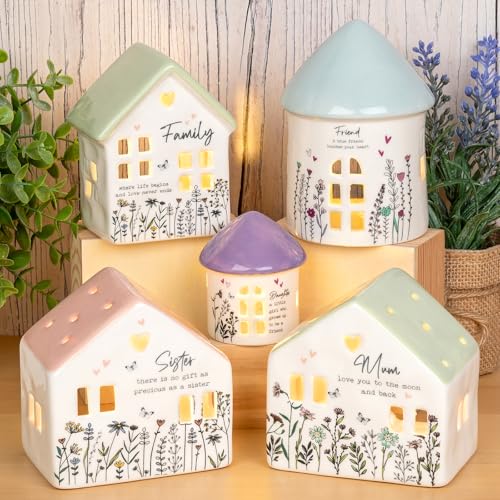 Shudehill Giftware Sweet Meadow Tealight House – Ceramic Candle Holder with True Friends Quote (Height 12.7cm x Width 9cm x Depth 9cm)