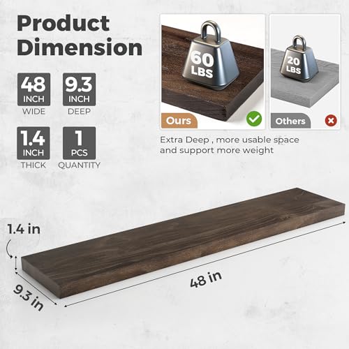 Image of RICHFOCUS Elm Floating Shelves for Wall - 48 inch W x 9.3 inch D Rustic Solid Wood Shelves with Invisible Bracket, Wall-Mounted for Living Room, Bedroom, Kitchen Storage & Display, Set of 1, Walnut
