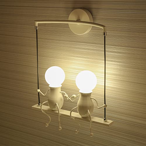 Wall Light Fixtures Indoor Creative Led Lights For Bedroom Cartoon Double Little People Swing Wall Lamp Mini Doll Wall Sconces Children Lighting Art Deco Gift Metal Bedside Lamps Modern 2×E26 (White) #TOP6