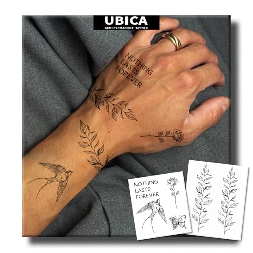 UBICA Semi Permanent Tattoo, 2 Sheets Patchwork Inspo(Leaves, Rose, Sparrow) Temporary Tattoos for Men Women Adults, Arm Wrap Vine Tattoos, Lasts 1-2 Weeks, Waterproof & No Reflection, Unique Design