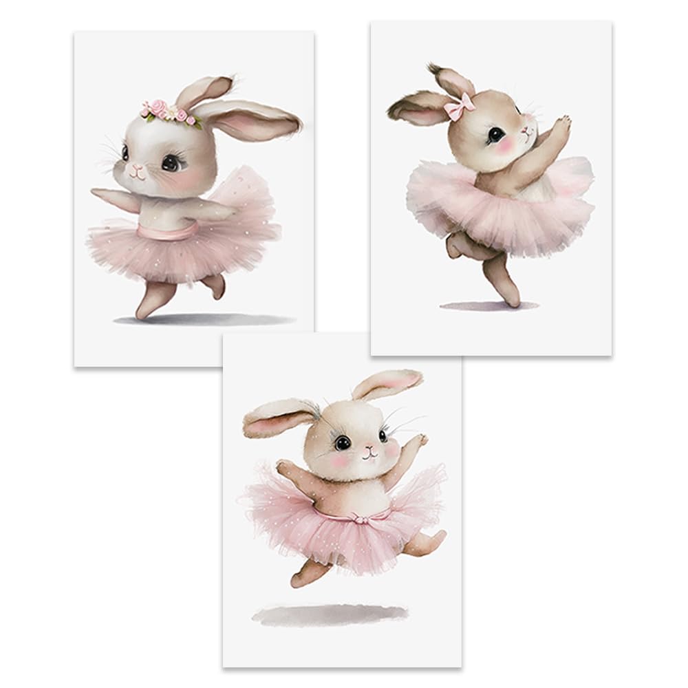 3 Laminas de Conejitos 30X40CM Cuadros Niños Habitacion Infantil Poster Rosa Ballet Lienzo Habitacion Bebe Laminas Animales Bebe Rosa Cuadros de Conejos Poster Habitacion Niña sin Marco