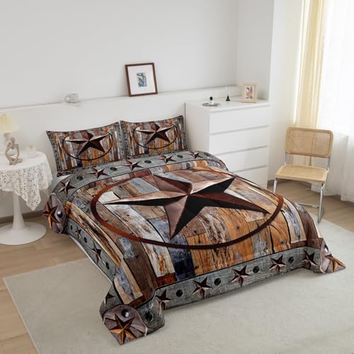 Image of Western Texas Star Comforter Rustic Wood Grain Comforter Set for Boys Girls Children Rustic Farmhouse Bedding Set Vintage Style Duvet Set Room Decor Quilt Set Queen Size