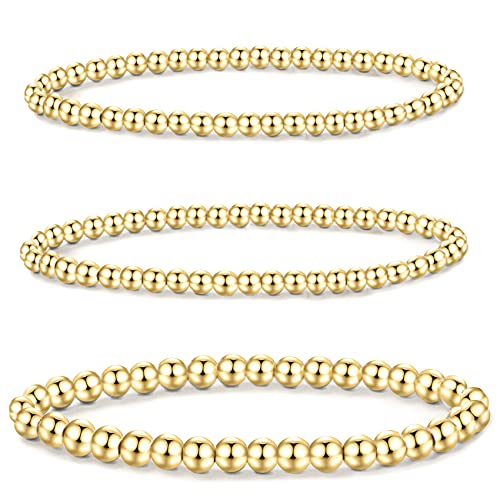 Morotole 5 Pcs 14K Gold Plated Bead Ball Bracelet – Gold Beaded Bracelets For Women Stackable Stretch Elastic Bracelet Jewelry Gifts（4Mm+6Mm #TOP24