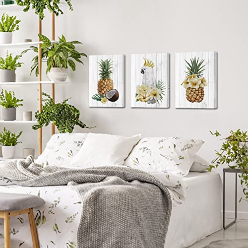 Pineapple Canvas Wall Art Hawaii Tropical Fruit Parrot Painting Still Life Artwork For Kitchen Bar Wall Decoration Framed And Stretched Ready To Hang Size 12"X16"X3 #TOP1