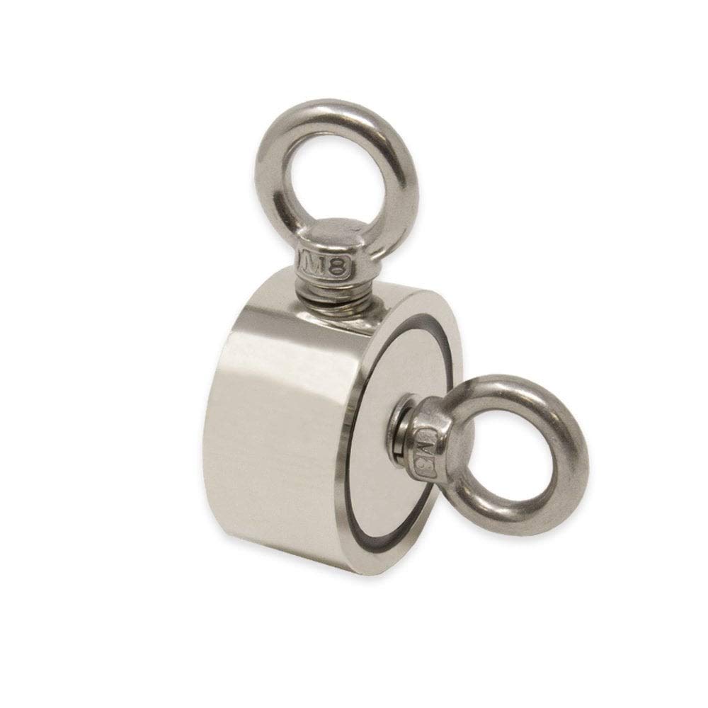 N42 Aigneur de Pot N42 Avec Des Boulons D'Œil 2X M8 et Une Corde de 10 M Pour la Pêche á L'Aimant, la Récupération et la Chasse Au Trésor - 60mm dia x 22mm - 120kg de Traction
