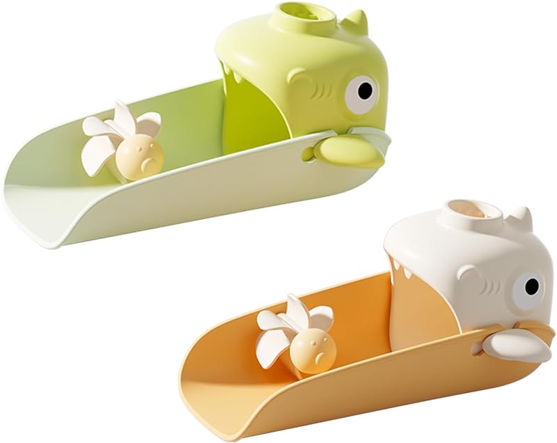Extensor de grifo para niños pequeños, (tiburón) 3 longitudes ajustables y sensible a la temperatura, extensor de fregadero para niños a prueba de salpicaduras para fregadero de baño y cocina (naranja, verde)