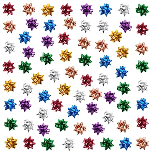 Dooozy 100 Pcs 1' Mini Lazos Regalo Adhesivos Set, 7 Colores Metálicos Moños y Cintas para Decorar Regalos, Bodas, Fiestas, Cumpleaños