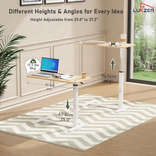 Image of Lukzer MST-002 White Frame Brown Oak Top Overbed Table with Wheels | Adjustable Height Laptop Desk for Bed & Sofa | Rolling Bedside Table for Home, Hospital & Office (40x80x95 cm)