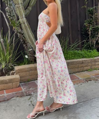 Image of Women Floral Print Maxi Tube Dress Strapless Flowy Long Bandeau Dress Y2K Open Back Sundress Summer Beachwear