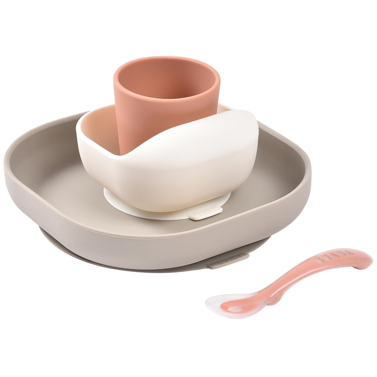 BÉABA, Silicone Baby Meal Set, with Suction Cup, Non-Slip, 4 Pieces, Plate + Bowl + Glass + Spoon, Healthy and Durable Silicone, Dishwasher and Microwave Safe, Terracotta