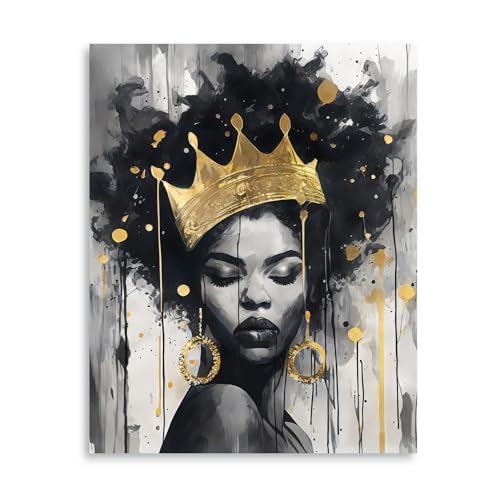 Native African American Wall Art: Inspirational Yellow Black Girl Canvas Wall Art, African American Woman Pictures with Queen Crown for Bedroom, African Ethno Motive Framed Ready to Hang(12x15inch)