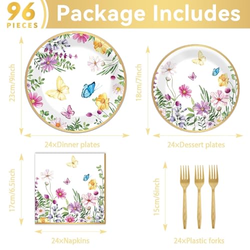 Image of 96 Pcs Wildflower Plates and Napkins Party Supplies for 24 Guests Spring Floral Tableware Plates Napkins Table Decorations Wildflower Dinnerware for Birthday Baby Shower Bridal Shower Garden Tea Party