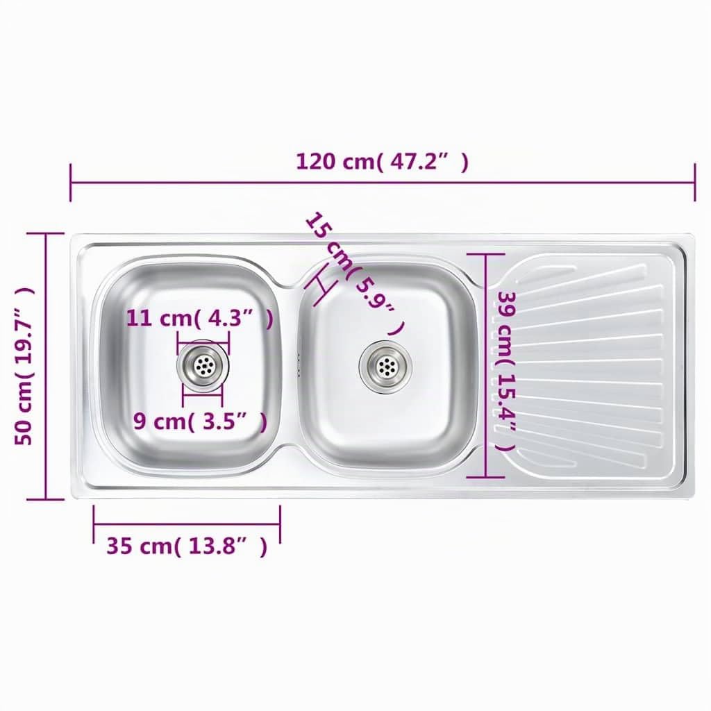 vidaXL Fregadero de Doble Seno con Colador y Sifón Pila Lavabo Alberca Comedor Cocina Servicio Grifo Lavar Olla Platos Integrado Acero Inoxidable