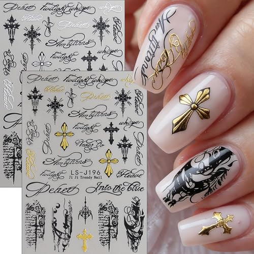 IDDFEVE Gothic Cross Nail Stickers, Black & Gold Self-Adhesive Nail Art Decals for Women Girls DIY Dark Totem Manicure Design (4 Sheets)