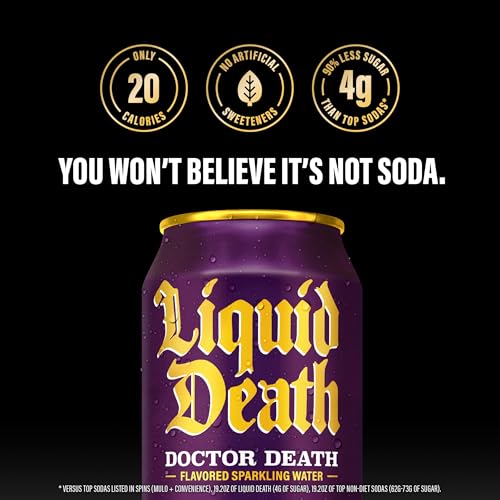 Image of Liquid Death Soda-Flavored Sparkling Water - Doctor Death (Cherry, Cream, Spice), Less Sugar*, Huge Flavor, No Caffeine, No Artificial Sweeteners, King Size 19.2 Fl Oz (Pack of 12)