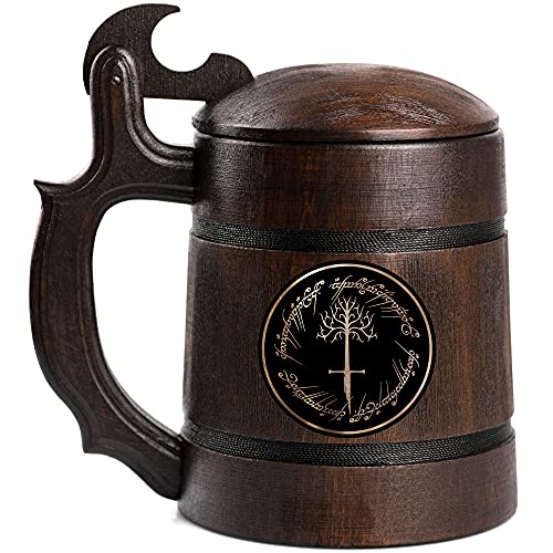 One Ring with Tree of Gondor and Narsil Sword Wooden Beer Mug, Beer Stein, Game Gift, Beer Tankard