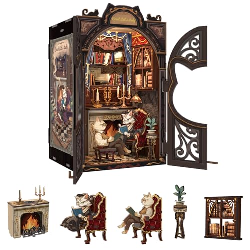 Fsolis Book Nook Kit Cat, DIY Scene Miniature Kit 3D Wooden Puzzles for Adults Booknook for...