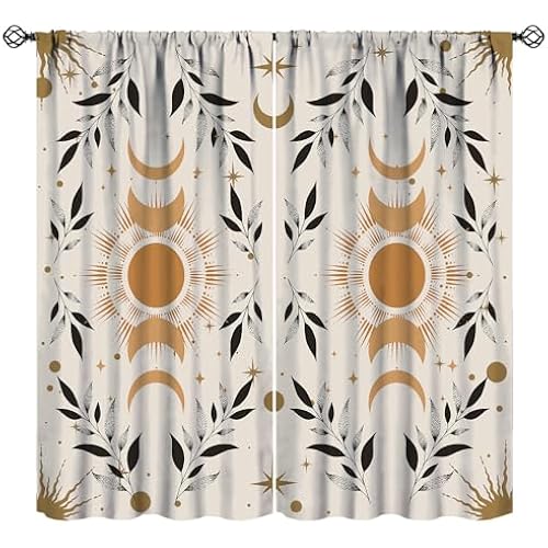 Moon Phase Curtains, Boho Mystic Celestial with Sun Moon Star Window Curtains, Magic Lunar Cycles Drapes for Living Room Bedroom 42x45 Inch