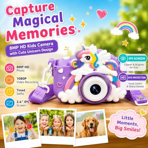 Image of Brand Conquer Kids Camera for Girls with Unicorn Design, HD Digital Camera for Children Age 3-10, Rechargeable Mini Toddler Camera with 2.4 inch IPS Screen, Selfie, Video Recording, Games & Strap (Purple)
