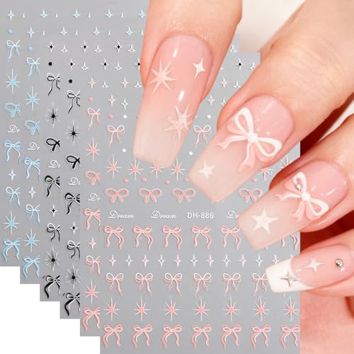 Bow Nail Art Stickers Valentines Nail Decals 3D Self Adhesive Black Blue Pink Bow Starlight Nail Stickers Cute Bows Nails Sticker Decals for Women Holiday Valentines DIY Manicure Decoration 6 Sheets