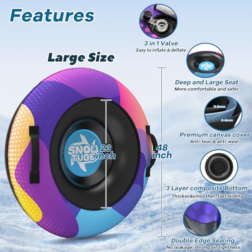 Snow Tube,48 Inch Big Heavy-Duty Inflatable Snow Sled with Premium Canvas Cover for Kids Adults,Thickened Hard Bottom Sleds for Snow with Detachable Tow Strap,Winter Outdoor Fun Snow Toys Gifts by Azgim Pai - Image 4