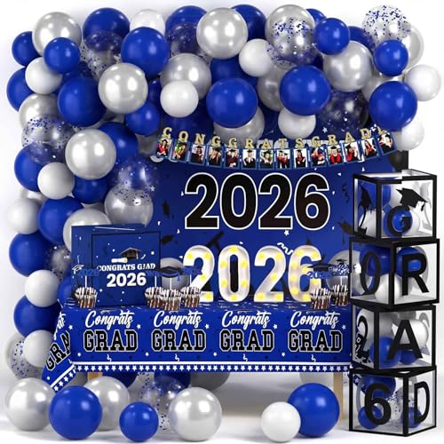 Lunmon 114 Pcs Blue and Black Graduation Decorations Class of 2026 Include Grad Backdrop Balloons Photo Banner Graduation Card Box Holder Balloon Boxes Cake Toppers Light up Numbers 2026 Tablecloth