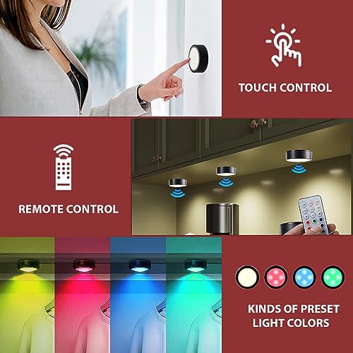 Image of Push Lights with Remote Puck Lighting Battery Operated Tap Lights Button Stick On Color Changing Led Lights 6 Pack (Black 6P)