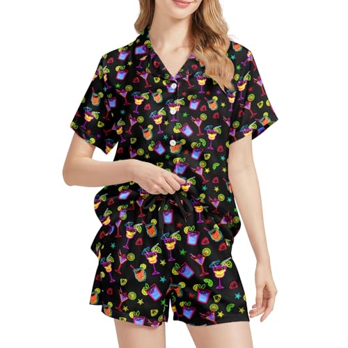 Image of Funny Satin Pajamas Set for Women Button Down Sleepwear Print Pjs Set 2 Piece Short Sleeve Loungewear Gift for Women