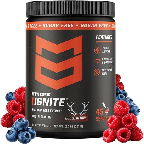 MTN OPS Ignite Sugar Free Energy Drink Powder with 200mg Caffeine Nootropic Blend for Energy Focus & Endurance L Arginine & L Citrulline Pre Workout 45 Servings Bugle Berry