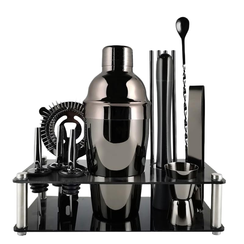 Juego completo de coctelera de 12 piezas, kit completo de camarero con coctelera de acero inoxidable y soporte de exhibición para el hogar y el bar (550 ml, negro)