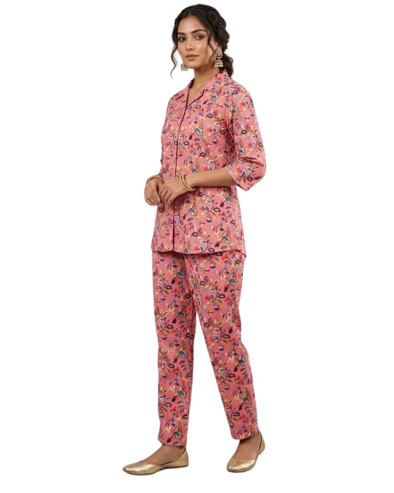 kti Women Cotton Printed Co-Ord Set Casual Shirt Pant Set Summer Outfit Lightweight Breathable-picture-24