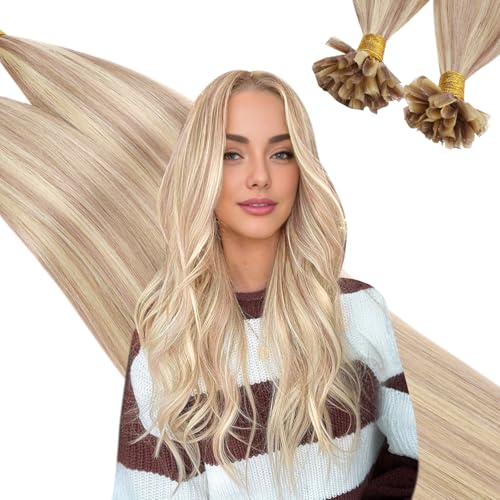 Ugeat 22 Inch Keratin Hair Extensions Real Human Hair Ash Blonde U Tip Hair Extensions Human Hair Highlights Ash Blonde with Bleach Blonde for Women Add Length 50S 50G