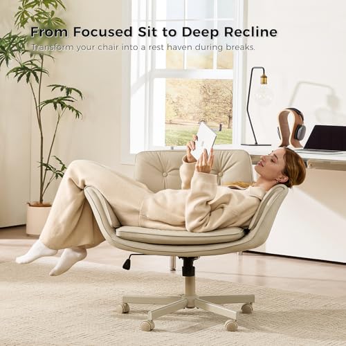 Image of amseatec Criss Cross Office Chair, PU Leather Vanity Chair with 5-Level Adjustable Armrests & Swivel, Ergonomic Criss Cross Chair for Home Office Bedroom Makeup（Cream White）