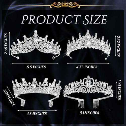Kigeli 4 Pack Queen Crowns for Women Pageant Crown with Combs Princess Rhinestones Tiara Headband Prom Tiara for Quinceanera Birthday Cosplay Wedding(Silver)