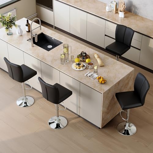 Image of Swivel Bar Stools Set of 4 - Black Barstools with Back,Adjustable Counter Height Bar Stools with Sturdy Metal Legs,Leather Counter Height Stools Ideal for Kitchen Island Pub(25''-33''H)