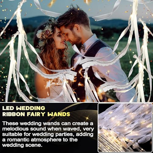 Unittype Wedding Wands Ribbon Streamers with Bells LED Fairy Light up Silk Fairy Wand Glow in The Dark Flashing Lace Stick for Wedding Birthday Party Favors (Ivory & Warm White LED,24 Pieces)