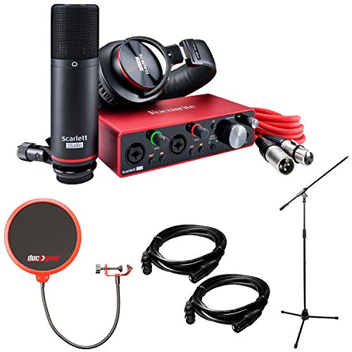 Focusrite Scarlett 2i2 Studio USB Audio Interface (3rd Gen) with Monoprice Professional Microphone Stand with Boom and Deco Gear Pop Filter, and 2 6FT XLR Cables Bundle