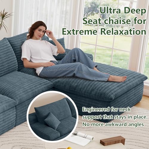 Image of 136 inch Cloud Couch Modular Sectional Sofa for Living Room, L-Shape Boneless Couch with Deep Seat, Modern Corduroy 6-Seater with Ottoman, No Assembly Required,Blue