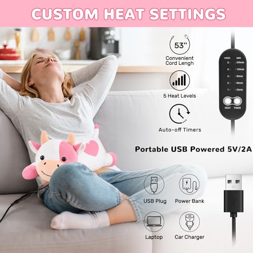 Image of Cow Heating Pad for Period Cramps Menstrual Pain Relief, Portable Electric Heat Pads USB Powered, Cute Stuff Pink Cow Plush Heated Stuffed Animals Gift, Gifts for Women Teen Girls Birthday