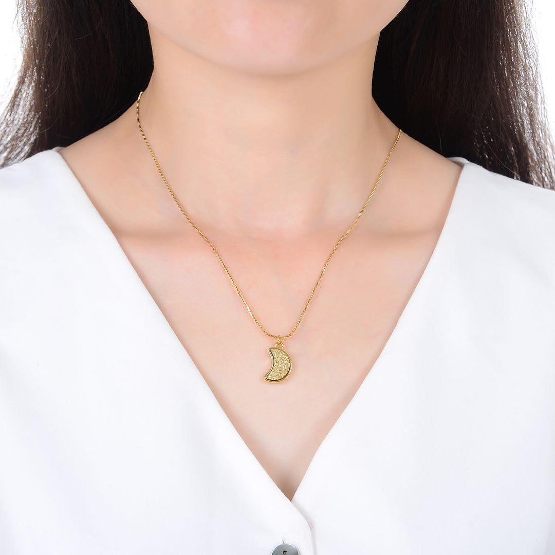 Adabele Natural Druzy Necklace Small Tiny Moon Gemstone Pendant 18 inch Sparkly Agate Stone Crystal Women Jewelry Tarnish Resistant Stainless Steel/Gold Plated Chain