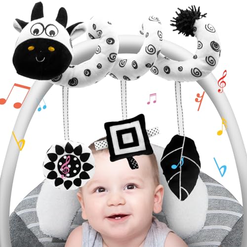 Image of FATI Spiral Black and White Baby Car Seat Toys, High Contrast Toy Hanging Toys for Carseat Activity Toys, Newborn Plush Stroller Toys for 0 3 6 9 12 Months Boys Girls Sensory Development Ideal Gift